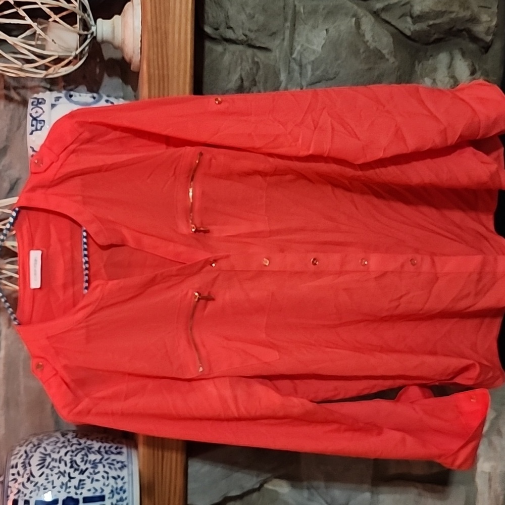 Calvin Klein Button Down Blouse Coral Pink Adjustable Long Sleeve Silky Soft Top